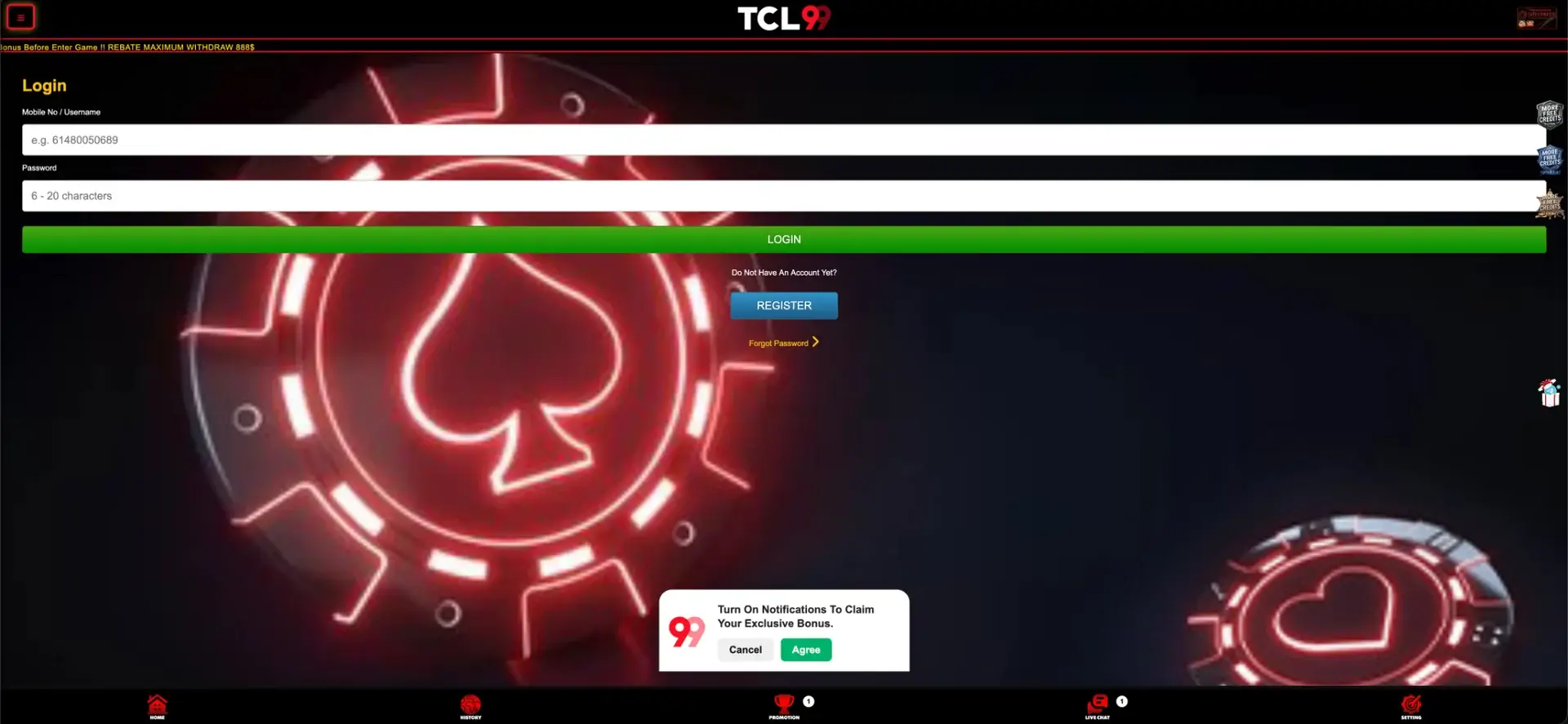 TCL99 login form with mobile number access