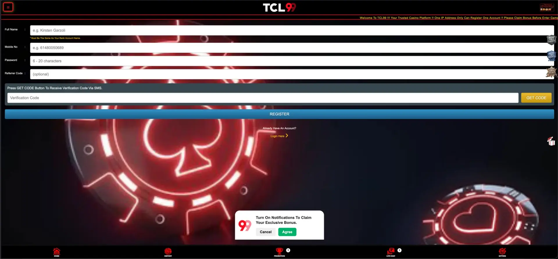 TCL99 registration form for Australian players