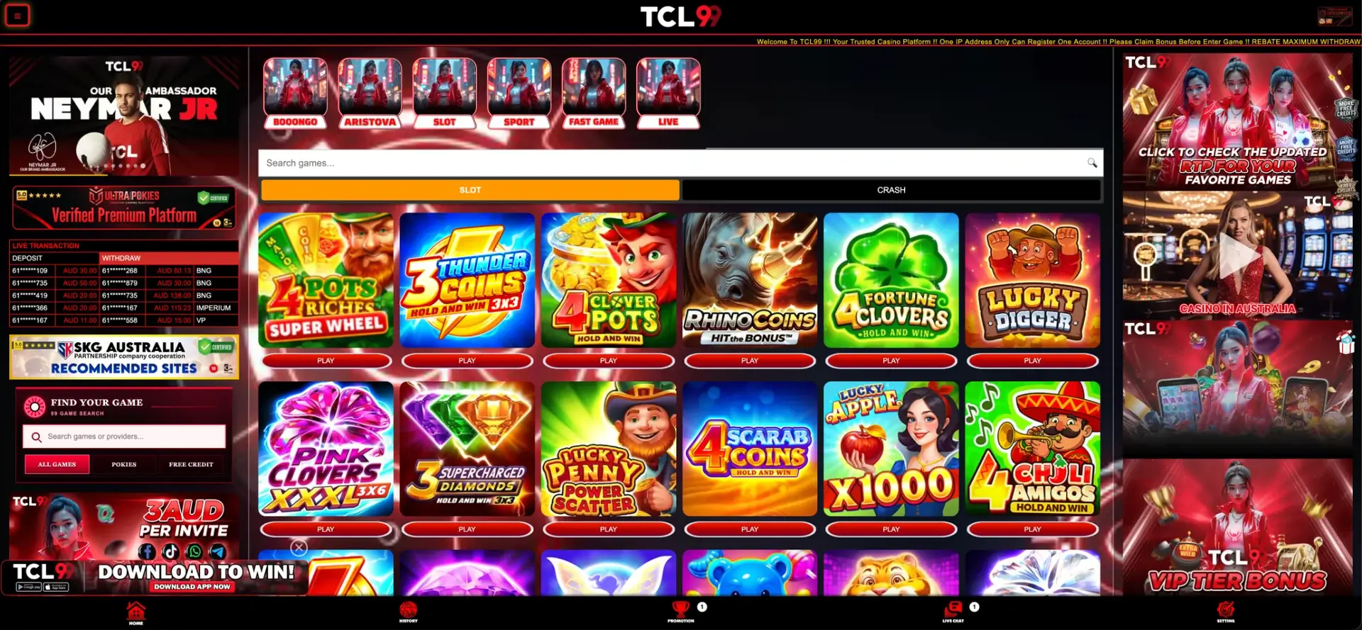TCL99 casino lobby and game navigation in Australia