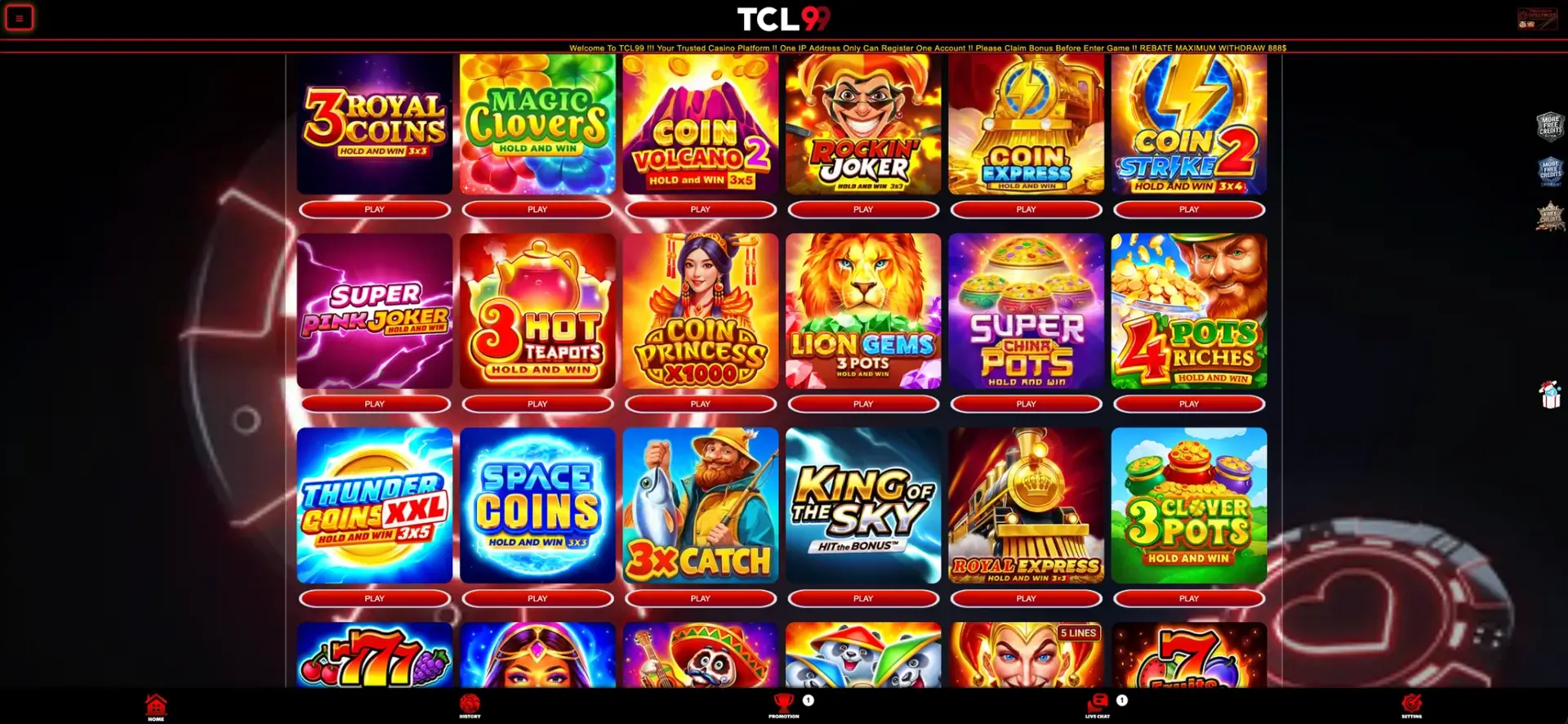 TCL99 pokies and casino game selection